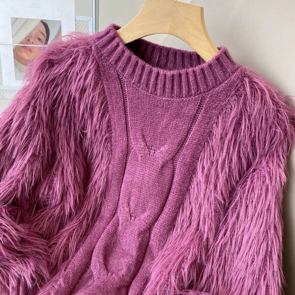 Purple Casual Women's Stand Collar Fuzzy Long Sleeve Sweater - Picture 5 of 7